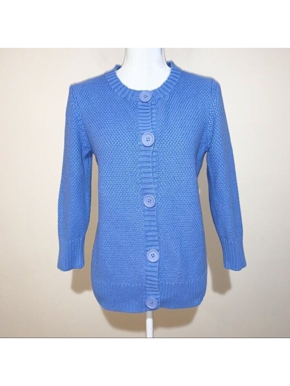 LL Bean Women Blue Cotton Honeycomb Knit Button Front Cardigan Sweater M 268717